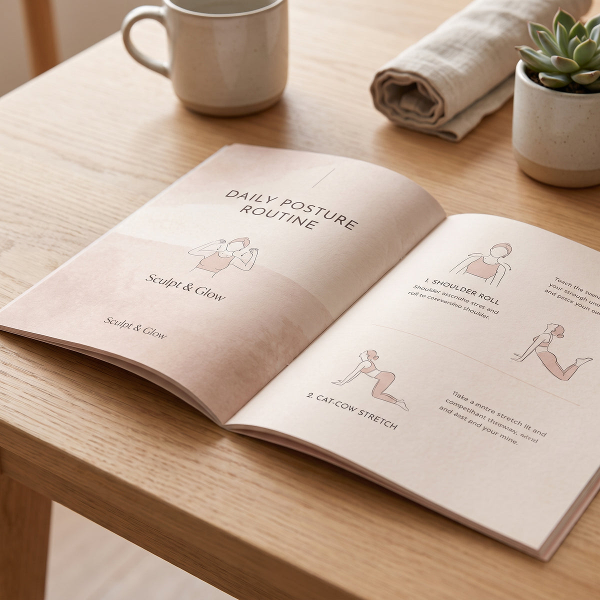 The guide open on a table showing the daily posture routine pages